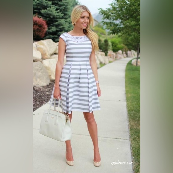 NWT Kate Spade Mariella Dress Grey Striped Beaded neckline 2 - Picture 4 of 7